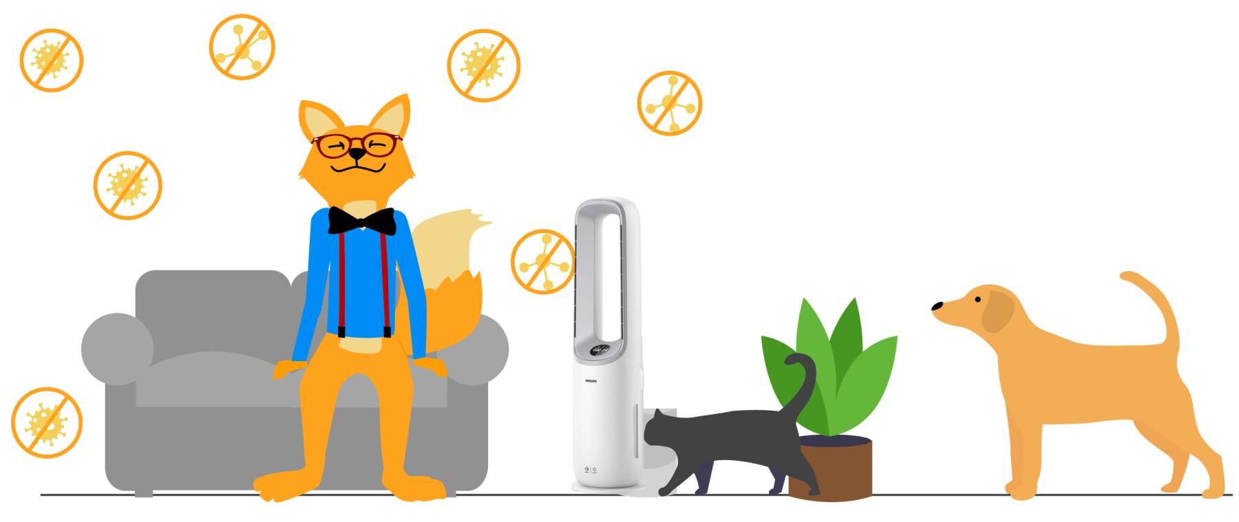 Эксперт Smart Home Fox расслабленно сидит на диване, а Philips Air Performer 7000 фильтрует все аллергены вокруг него в воздухе всей комнаты.